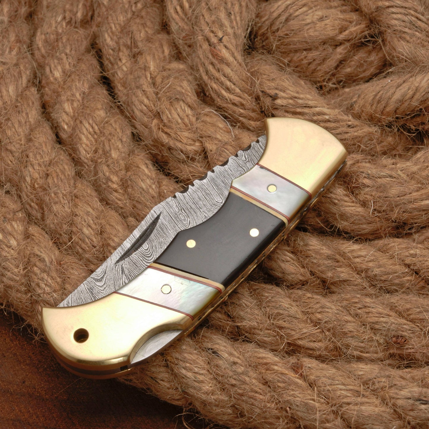 Handmade Damascus Pocket Knife - 6.5'' Back Lock Folding Knife Pearl & Horn Handle - Camping Knife