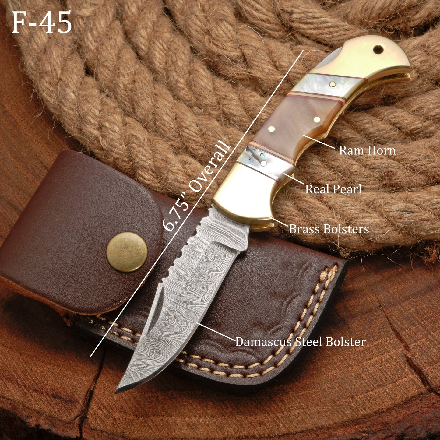Handmade Forged Damascus Steel Hunting Camping Folding Pocket Knife With Ram Horn & Pearl Handle Brass Bolster