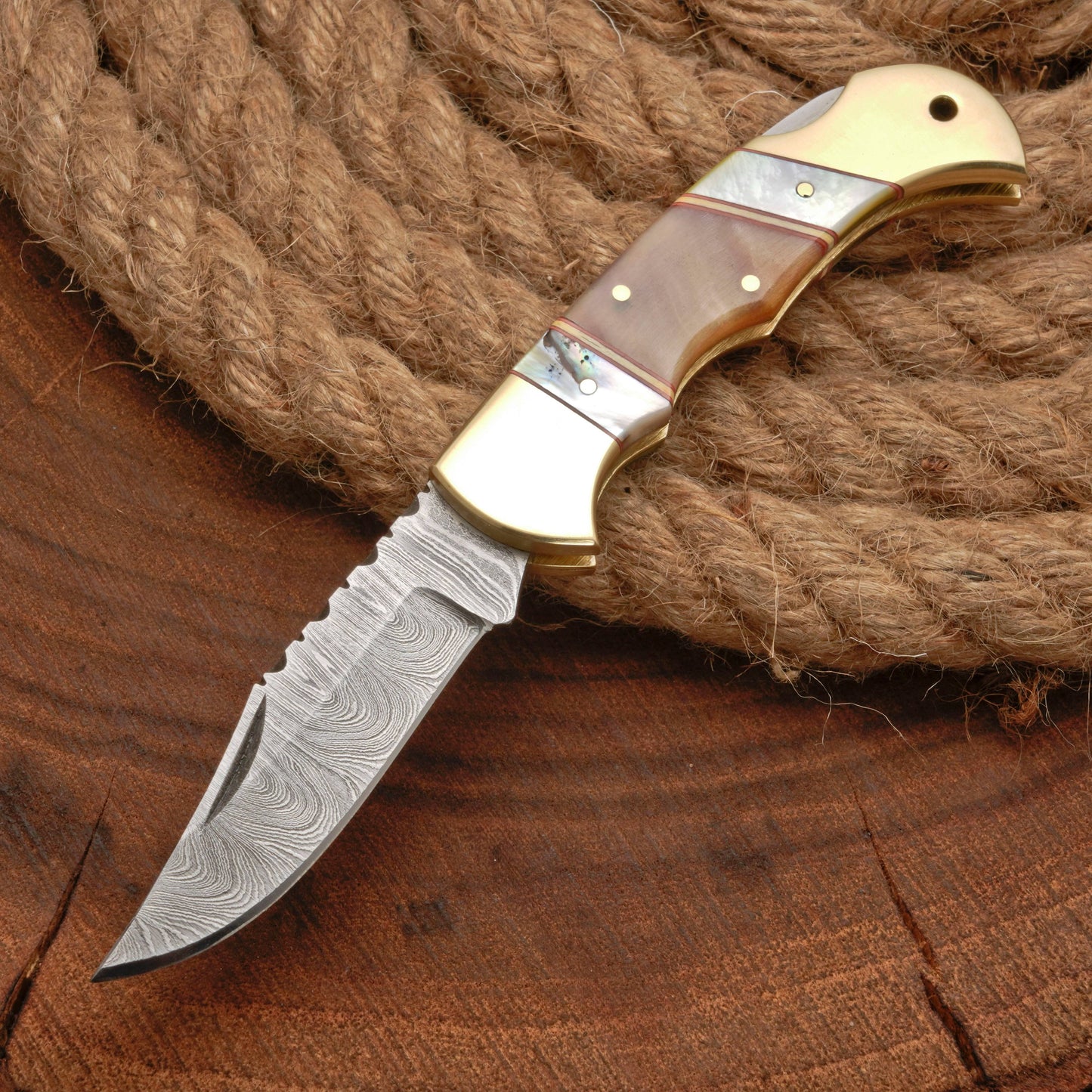 Handmade Forged Damascus Steel Hunting Camping Folding Pocket Knife With Ram Horn & Pearl Handle Brass Bolster