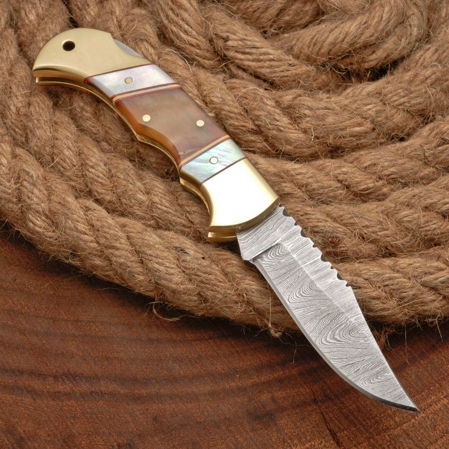 Handmade Forged Damascus Steel Hunting Camping Folding Pocket Knife With Ram Horn & Pearl Handle Brass Bolster