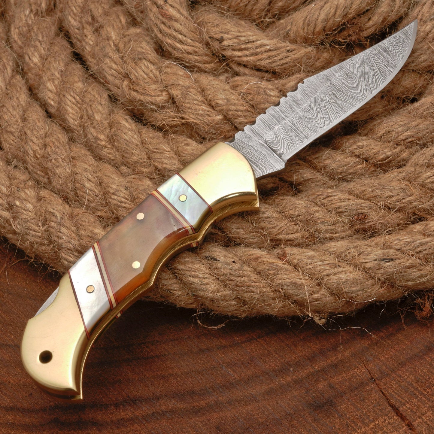 Handmade Forged Damascus Steel Hunting Camping Folding Pocket Knife With Ram Horn & Pearl Handle Brass Bolster