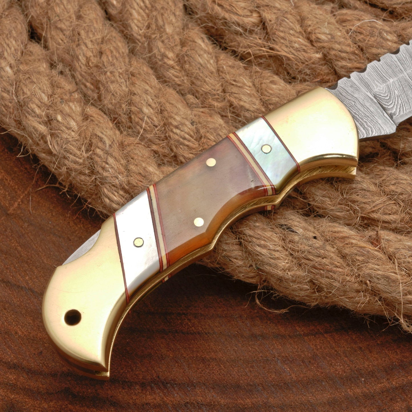 Handmade Forged Damascus Steel Hunting Camping Folding Pocket Knife With Ram Horn & Pearl Handle Brass Bolster