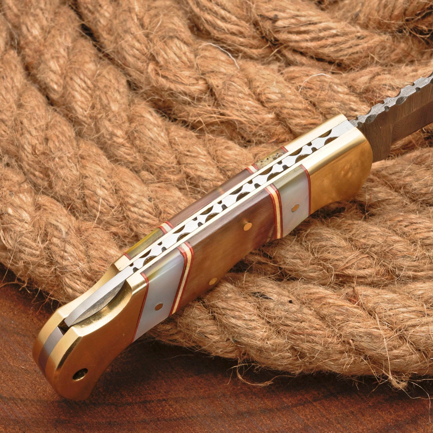 Handmade Forged Damascus Steel Hunting Camping Folding Pocket Knife With Ram Horn & Pearl Handle Brass Bolster