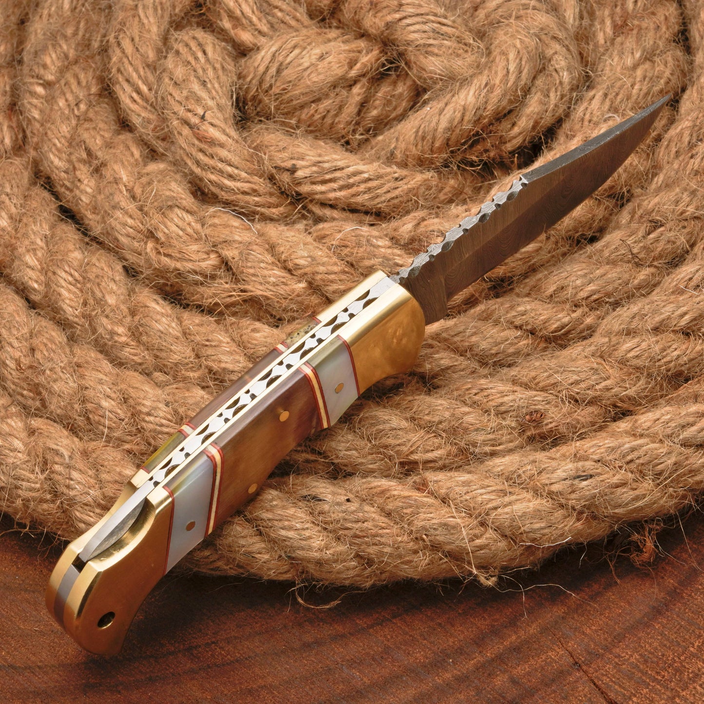 Handmade Forged Damascus Steel Hunting Camping Folding Pocket Knife With Ram Horn & Pearl Handle Brass Bolster