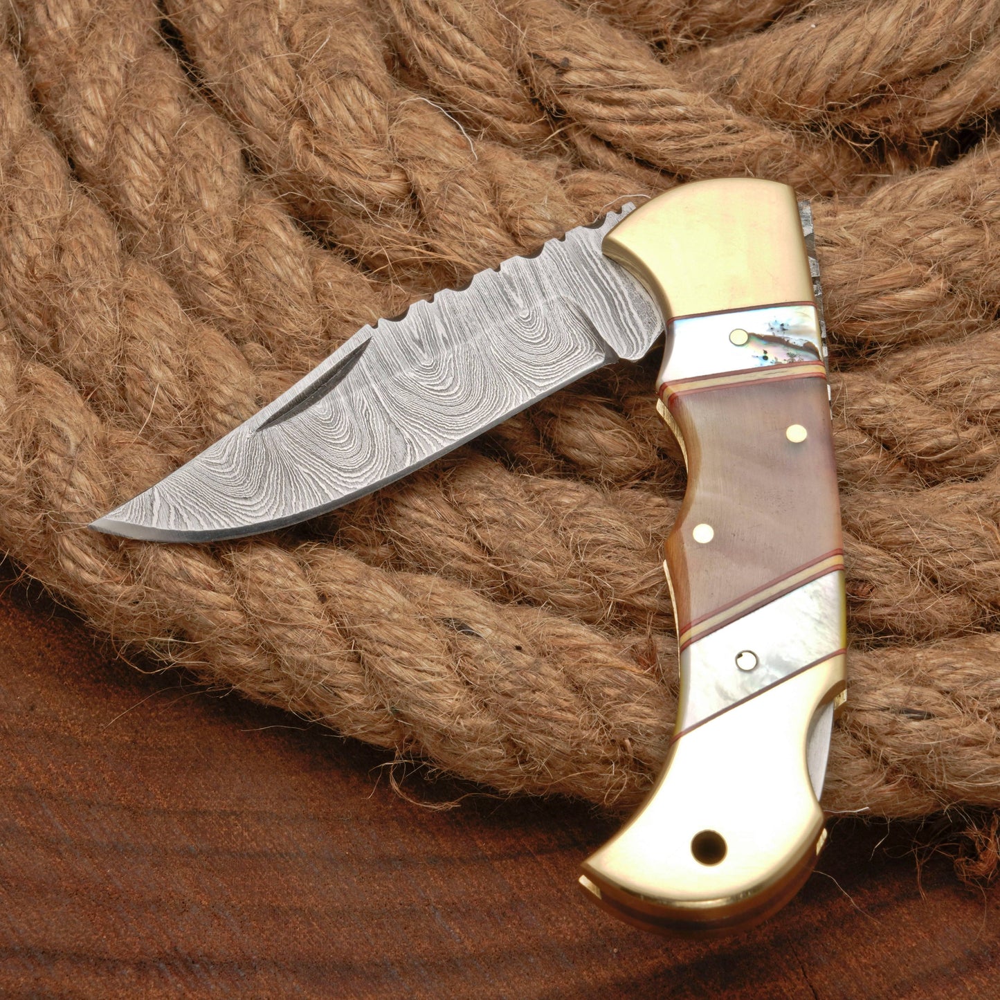 Handmade Forged Damascus Steel Hunting Camping Folding Pocket Knife With Ram Horn & Pearl Handle Brass Bolster