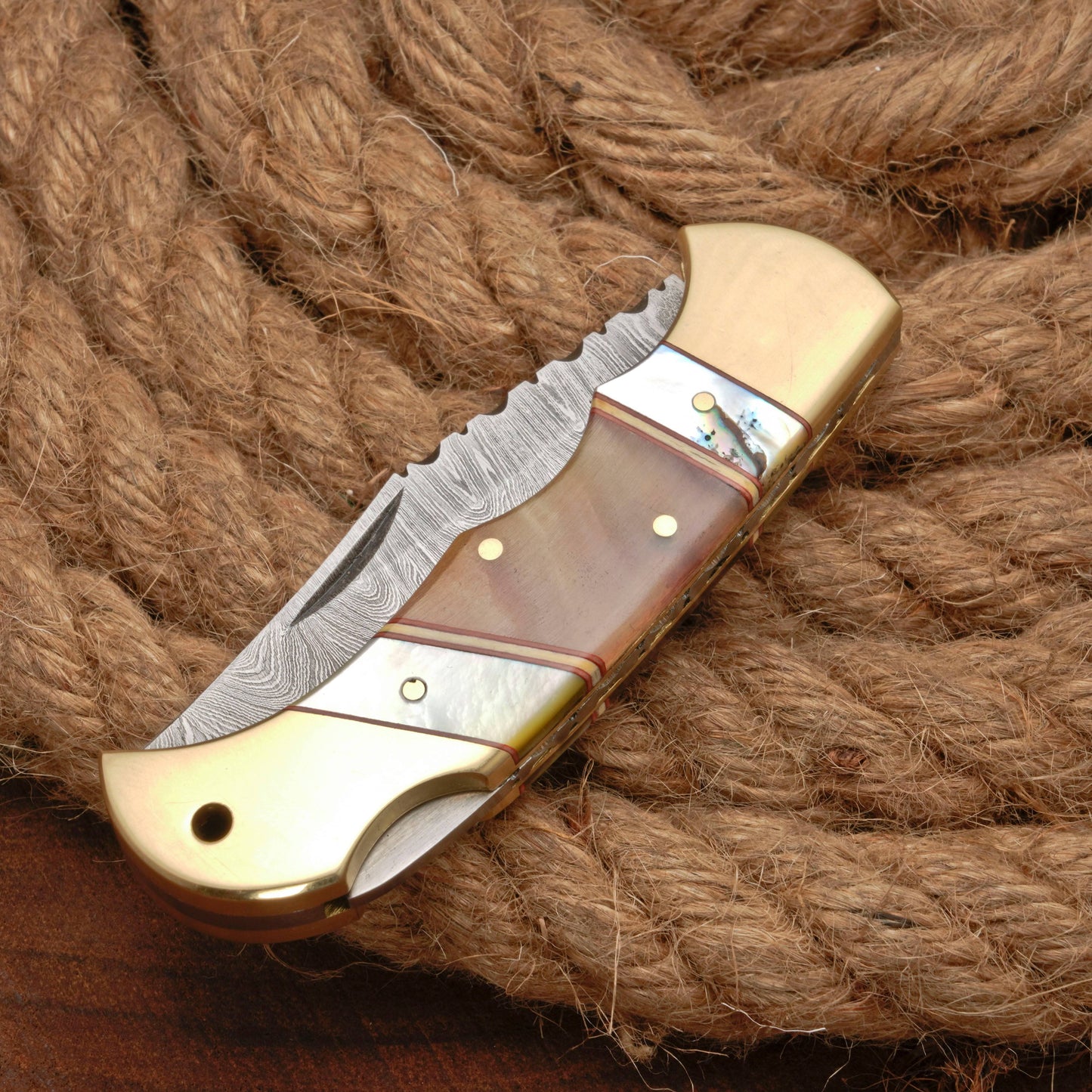 Handmade Forged Damascus Steel Hunting Camping Folding Pocket Knife With Ram Horn & Pearl Handle Brass Bolster