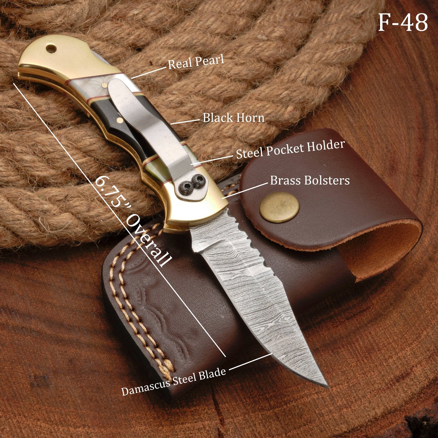 Handmade Damascus Steel Pocket Folding Knife With Real Pearl Black Horn And Pocket Clip
