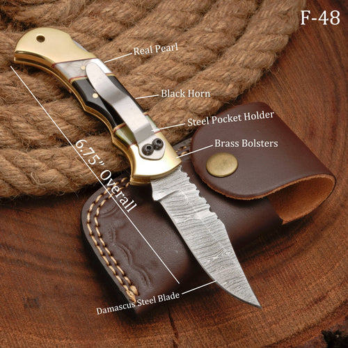Handmade Damascus Steel Pocket Folding Knife With Real Pearl Black Horn And Pocket Clip
