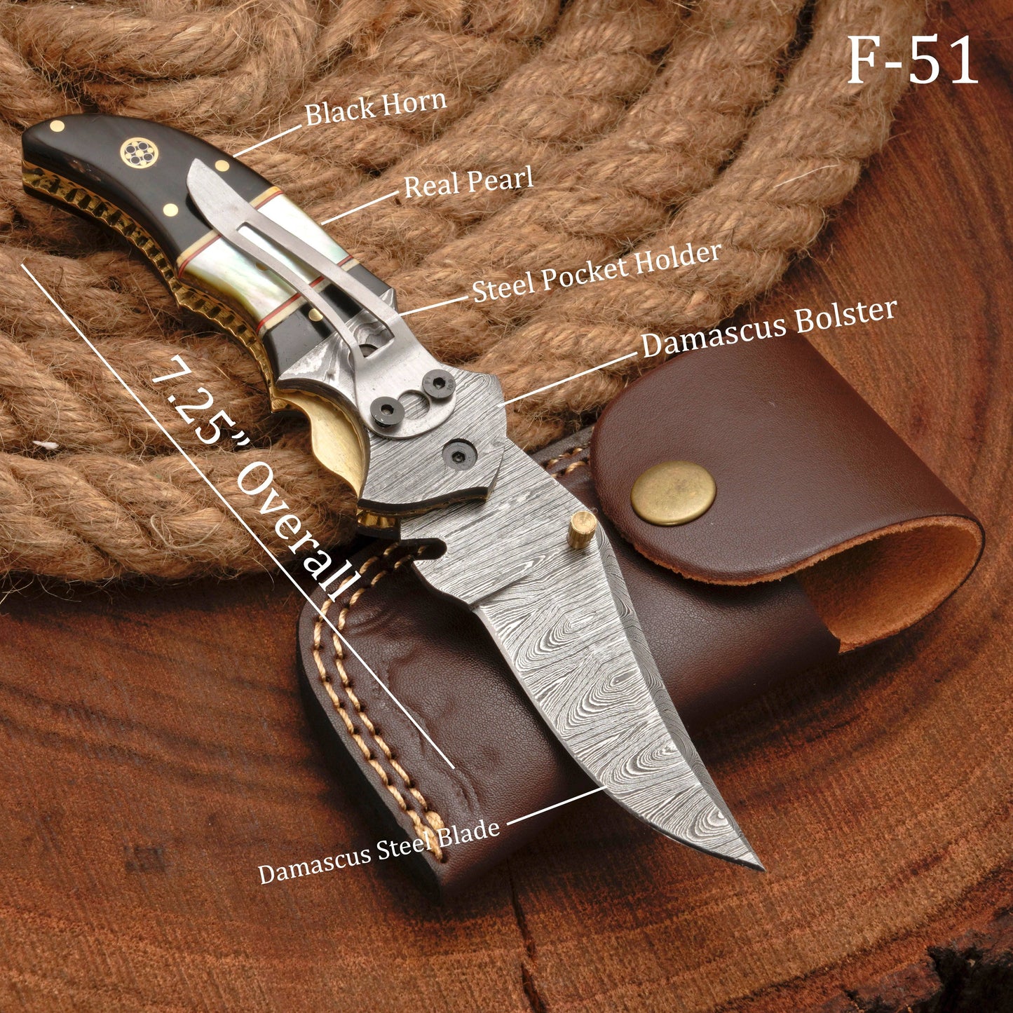 7" Handmade Damascus Pocket Knife with Pocket Clip - Real Pearl Black Horn - Damascus Bolster