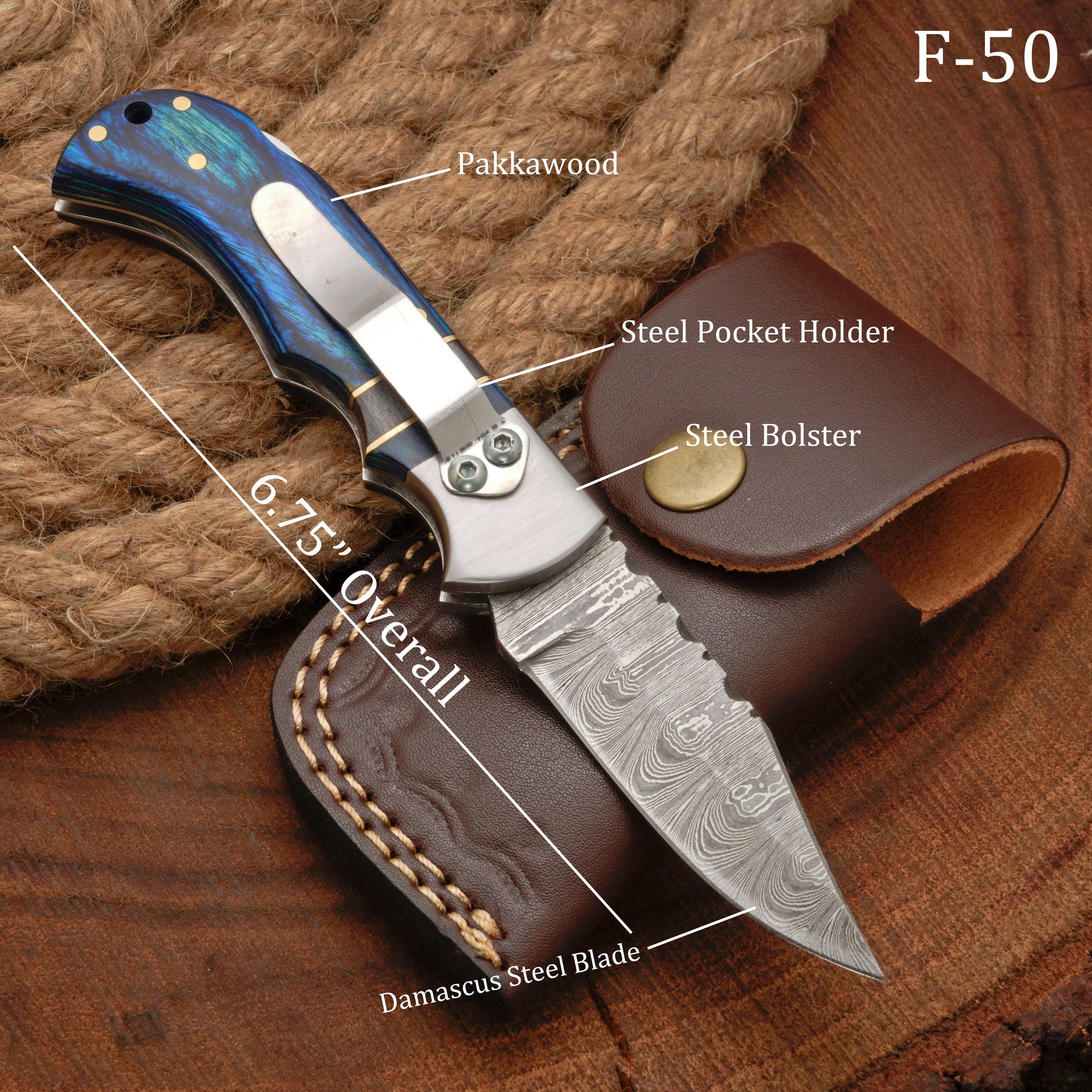 Handmade Damascus Steel Pocket Folding Knife With Pakkawood Handle And Pocket Clip