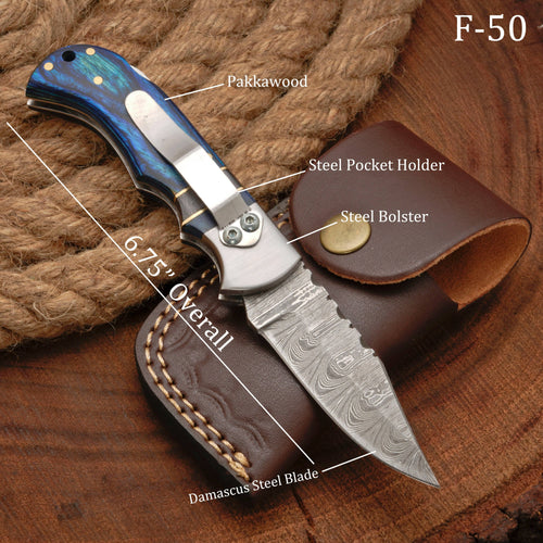 Handmade Damascus Steel Pocket Folding Knife With Pakkawood Handle And Pocket Clip