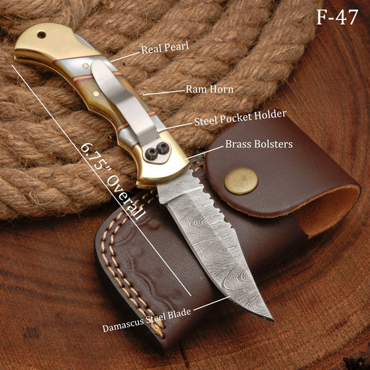 Handmade Damascus Steel Pocket Folding Knife With Real Pearl Ram Horn And Pocket Clip