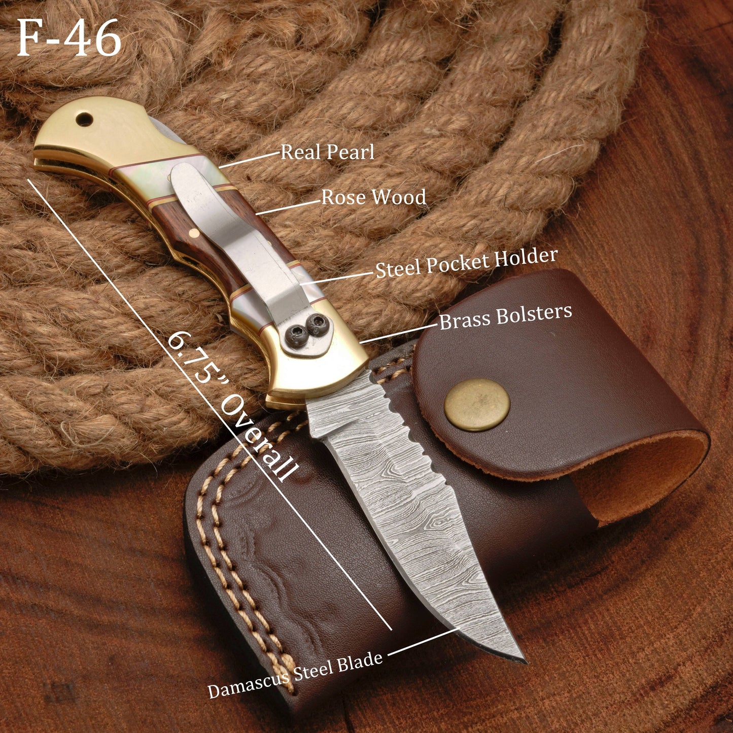 Handmade Damascus Steel Pocket Folding Knife With Real Pearl Rose Wood And Pocket Clip