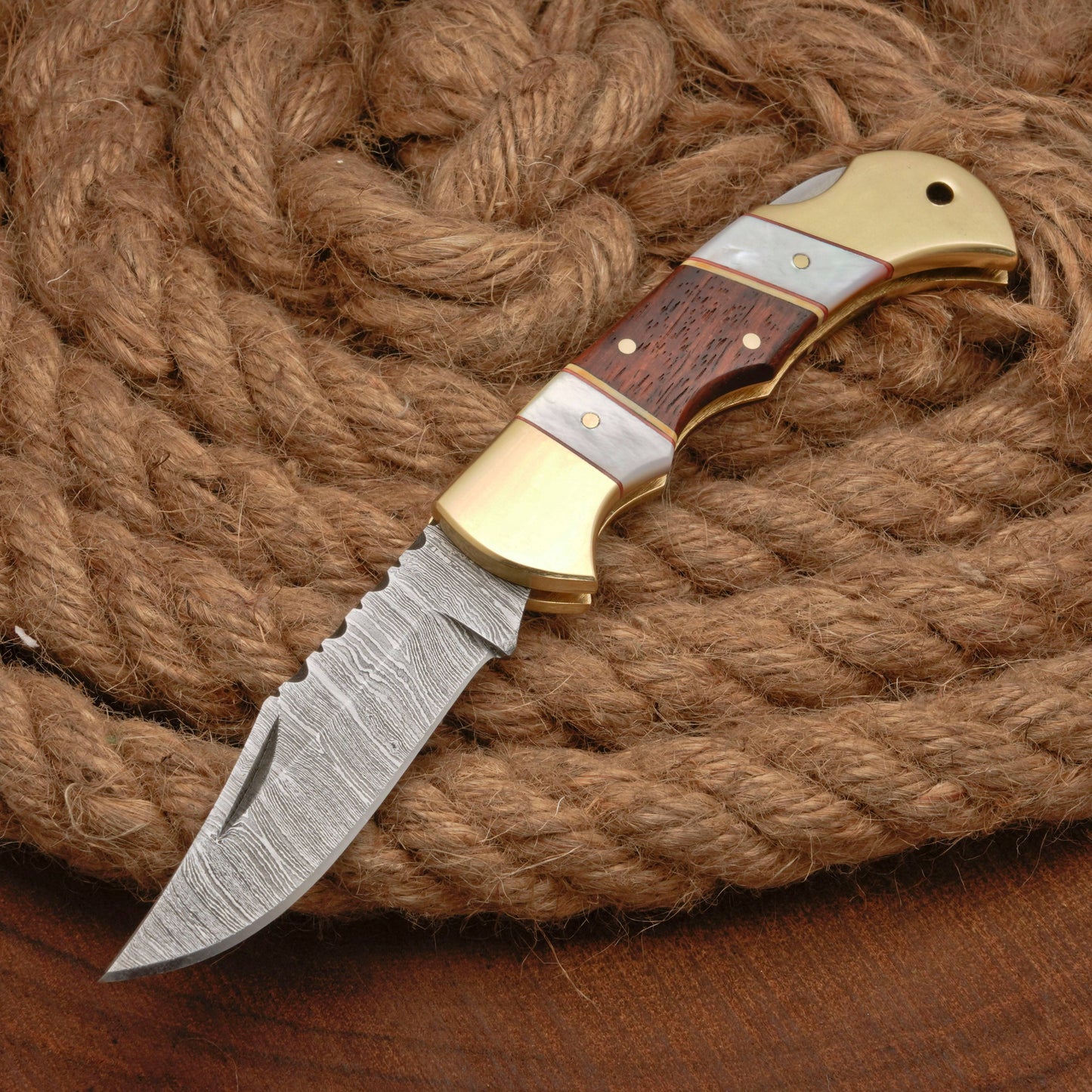 Handmade Damascus Steel Pocket Folding Knife With Real Pearl Rose Wood And Pocket Clip