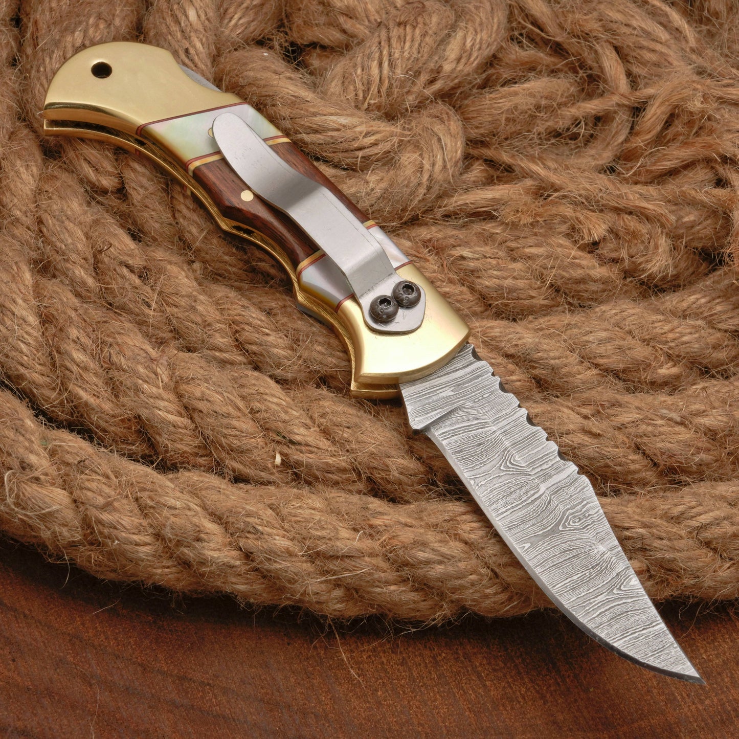 Handmade Damascus Steel Pocket Folding Knife With Real Pearl Rose Wood And Pocket Clip