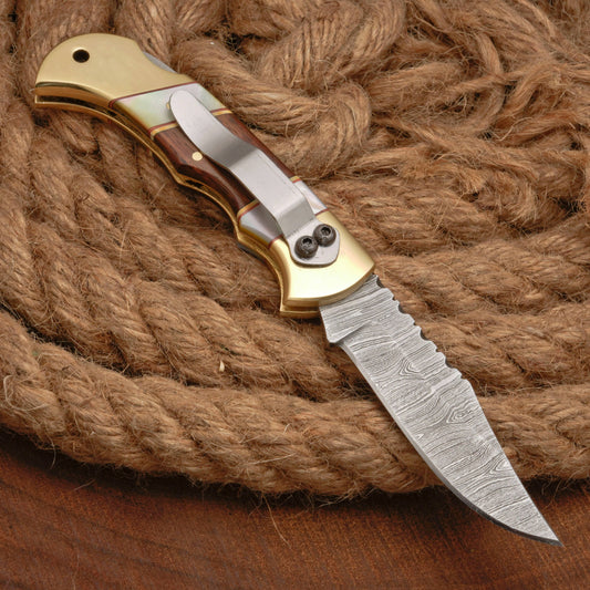 Handmade Damascus Steel Pocket Folding Knife With Real Pearl Rose Wood And Pocket Clip