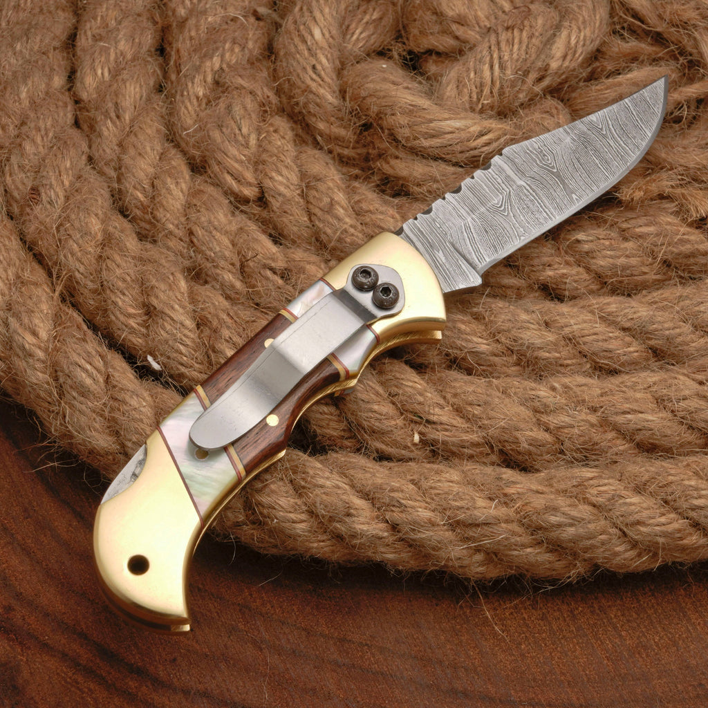 Handmade Damascus Steel Pocket Folding Knife With Real Pearl Rose Wood And Pocket Clip