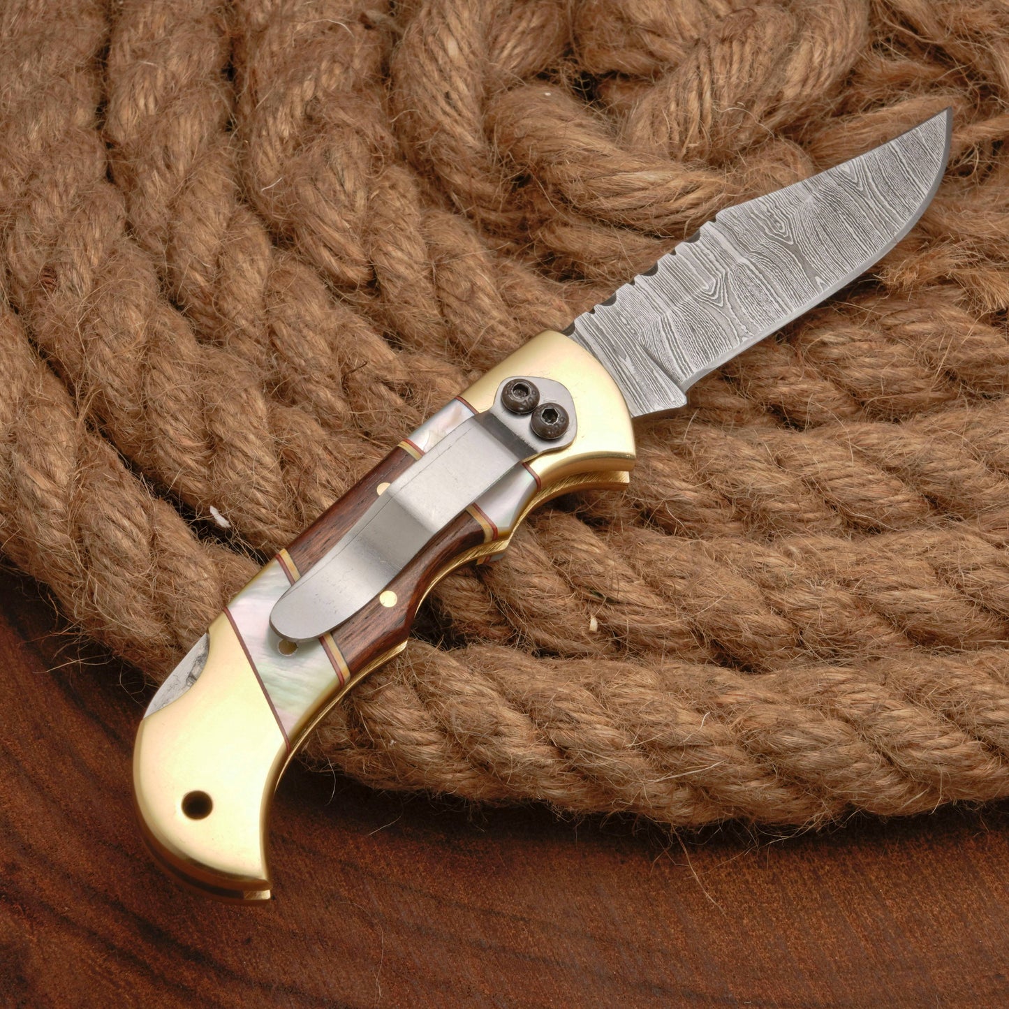 Handmade Damascus Steel Pocket Folding Knife With Real Pearl Rose Wood And Pocket Clip