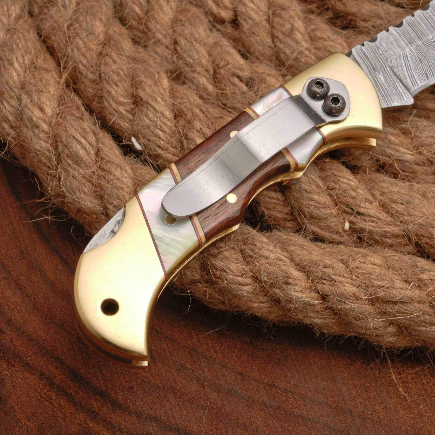 Handmade Damascus Steel Pocket Folding Knife With Real Pearl Rose Wood And Pocket Clip