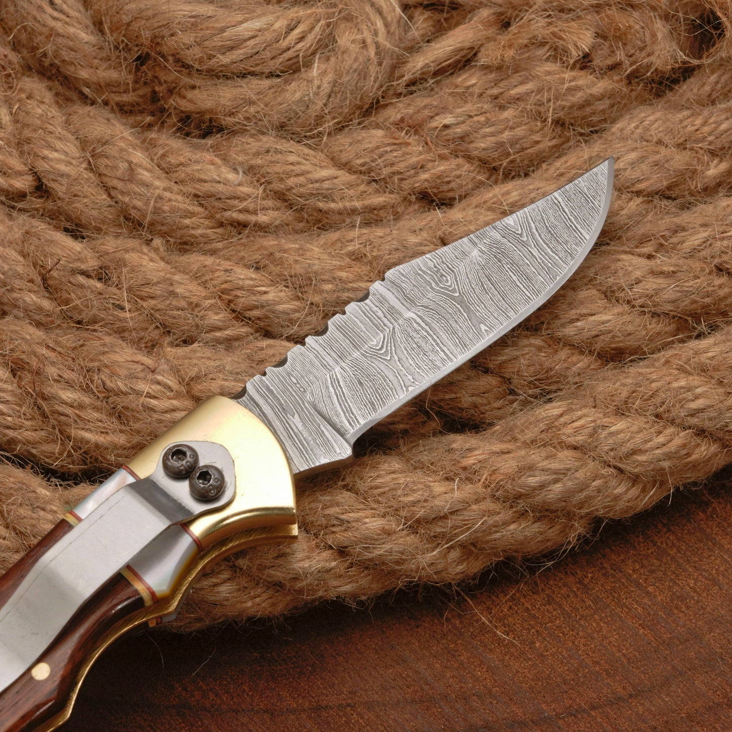 Handmade Damascus Steel Pocket Folding Knife With Real Pearl Rose Wood And Pocket Clip