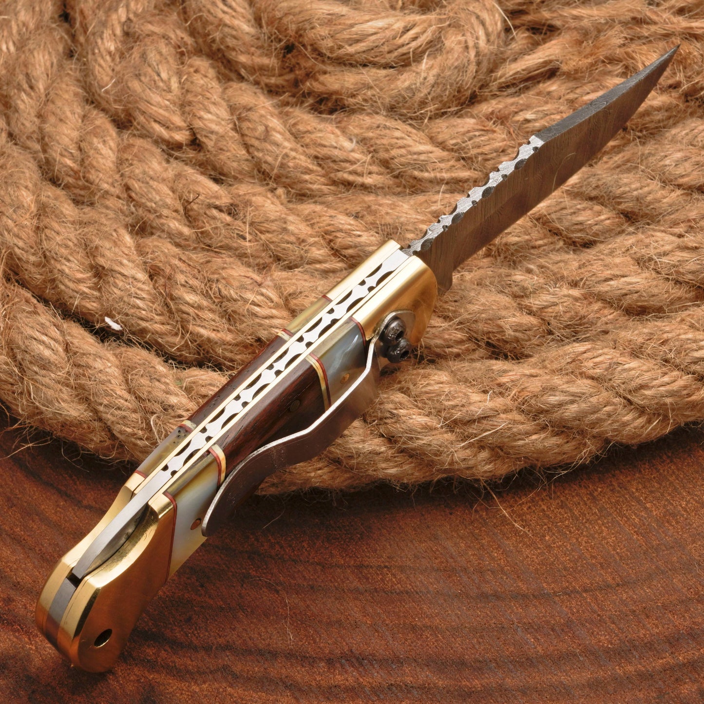 Handmade Damascus Steel Pocket Folding Knife With Real Pearl Rose Wood And Pocket Clip