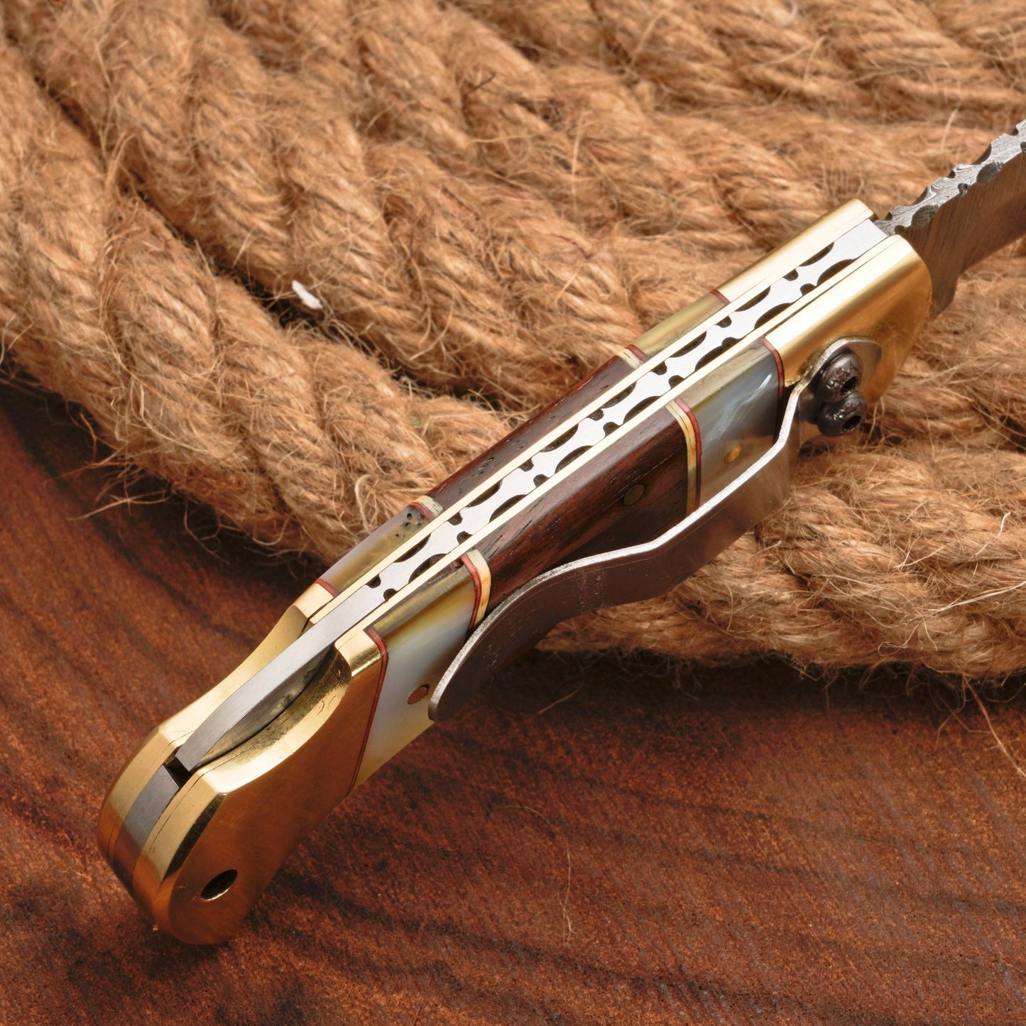 Handmade Damascus Steel Pocket Folding Knife With Real Pearl Rose Wood And Pocket Clip