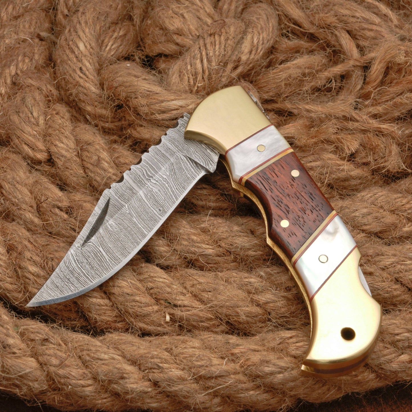 Handmade Damascus Steel Pocket Folding Knife With Real Pearl Rose Wood And Pocket Clip