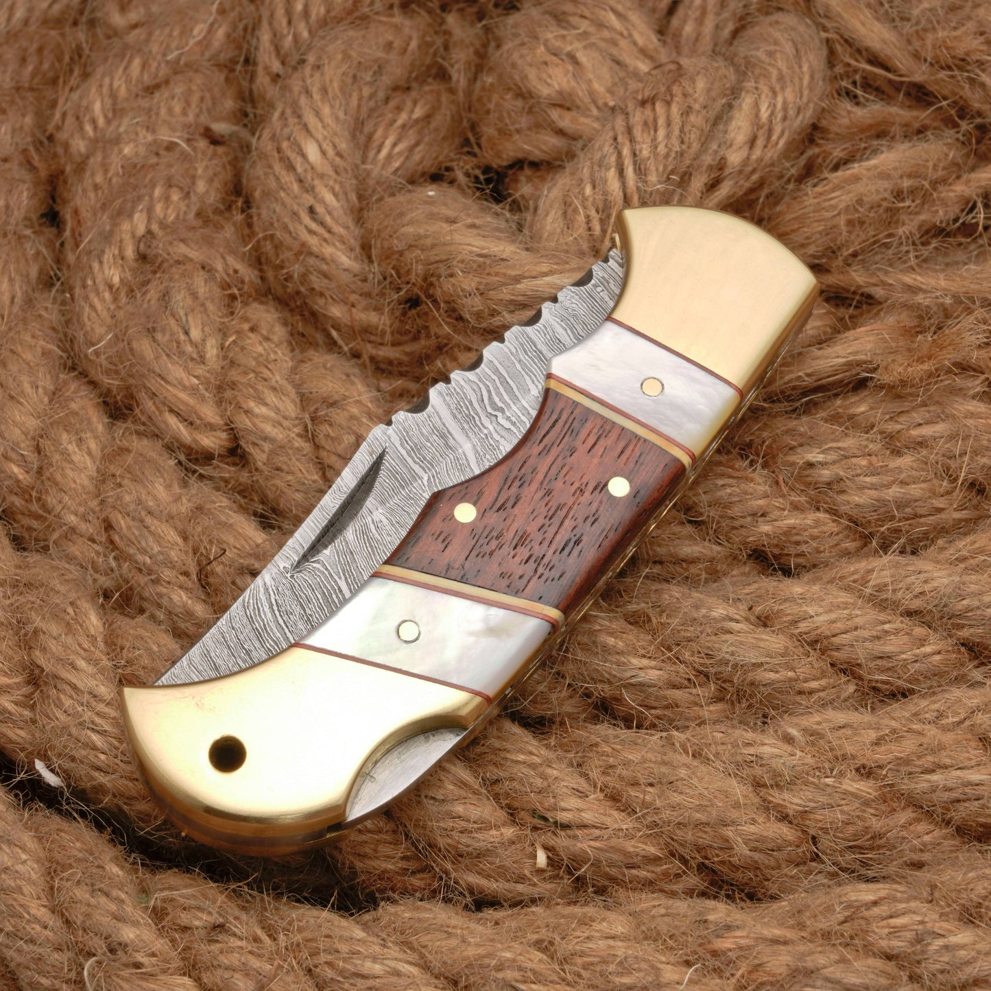 Handmade Damascus Steel Pocket Folding Knife With Real Pearl Rose Wood And Pocket Clip