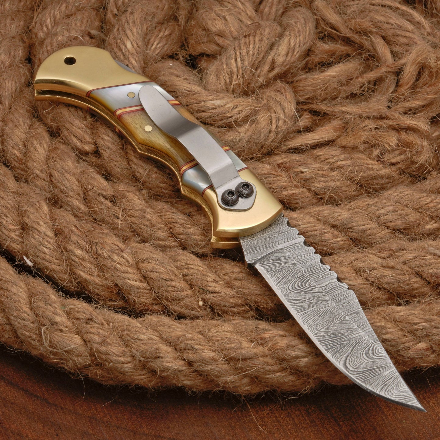 Handmade Damascus Steel Pocket Folding Knife With Real Pearl Ram Horn And Pocket Clip