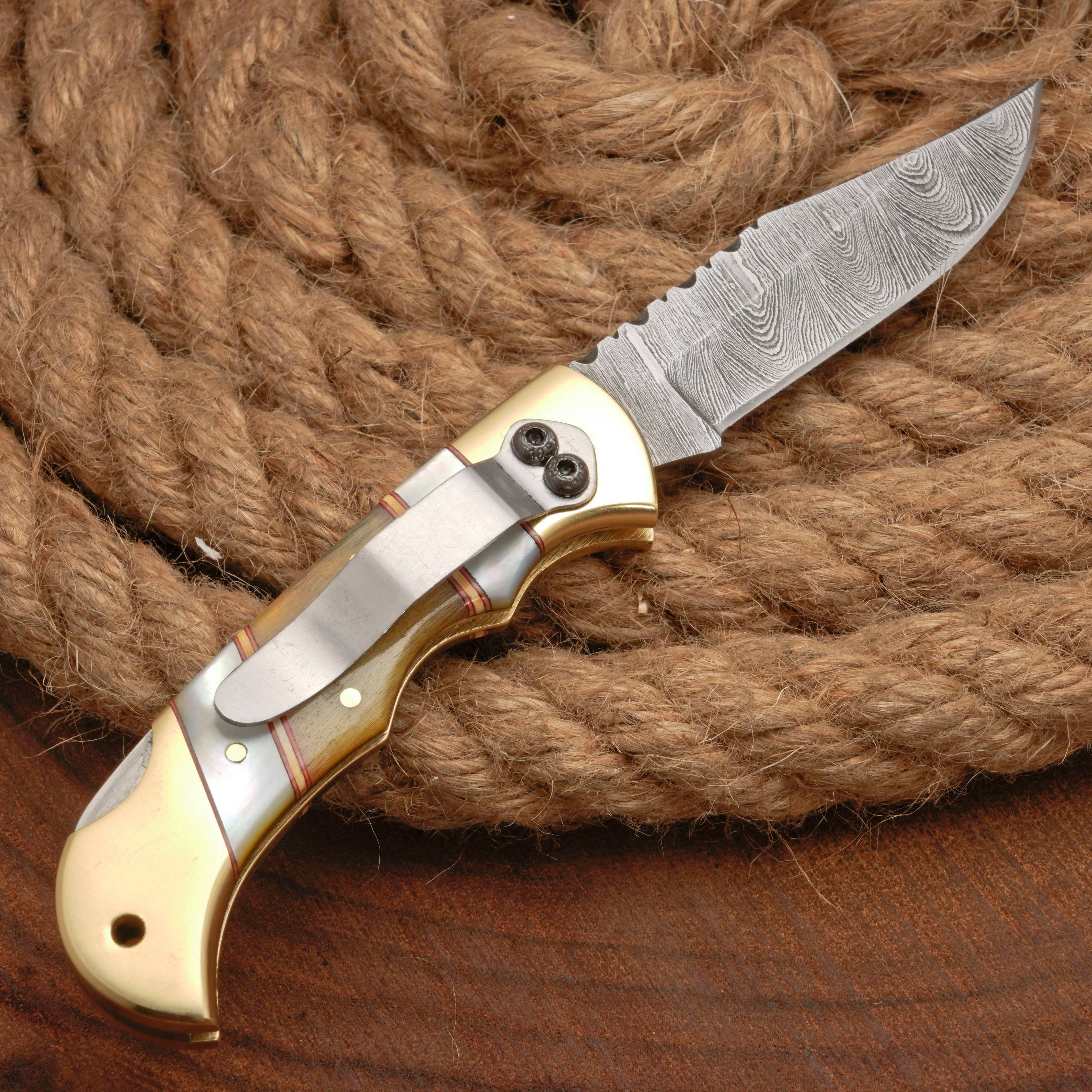 Handmade Damascus Steel Pocket Folding Knife With Real Pearl Ram Horn And Pocket Clip