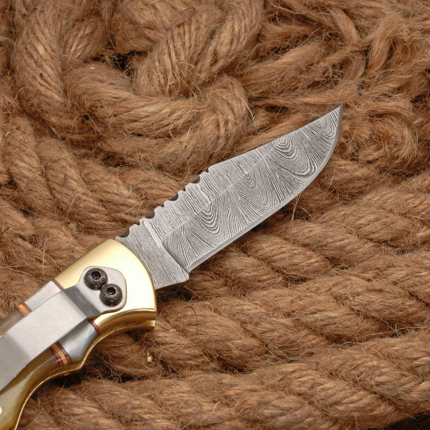 Handmade Damascus Steel Pocket Folding Knife With Real Pearl Ram Horn And Pocket Clip