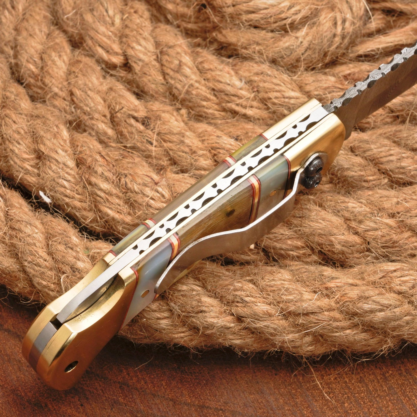 Handmade Damascus Steel Pocket Folding Knife With Real Pearl Ram Horn And Pocket Clip