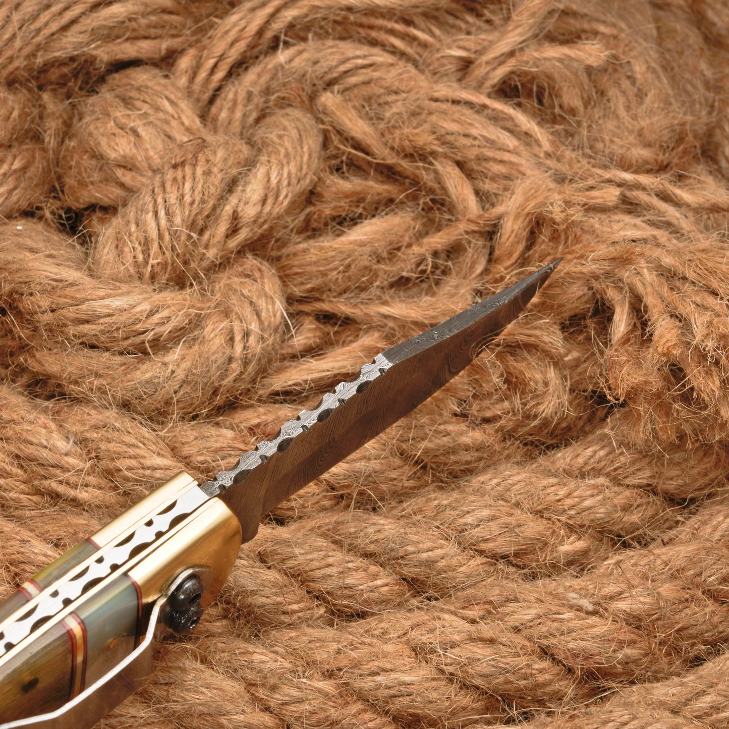 Handmade Damascus Steel Pocket Folding Knife With Real Pearl Ram Horn And Pocket Clip