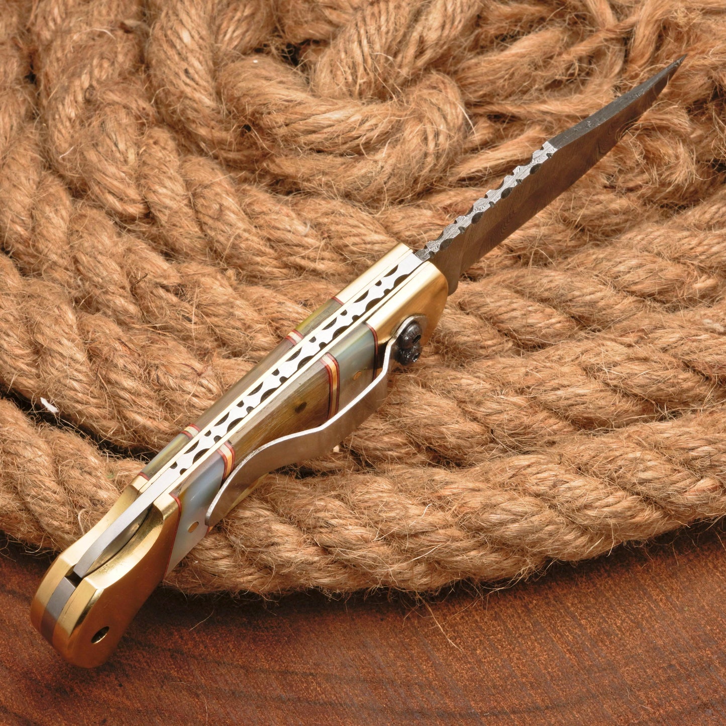 Handmade Damascus Steel Pocket Folding Knife With Real Pearl Ram Horn And Pocket Clip