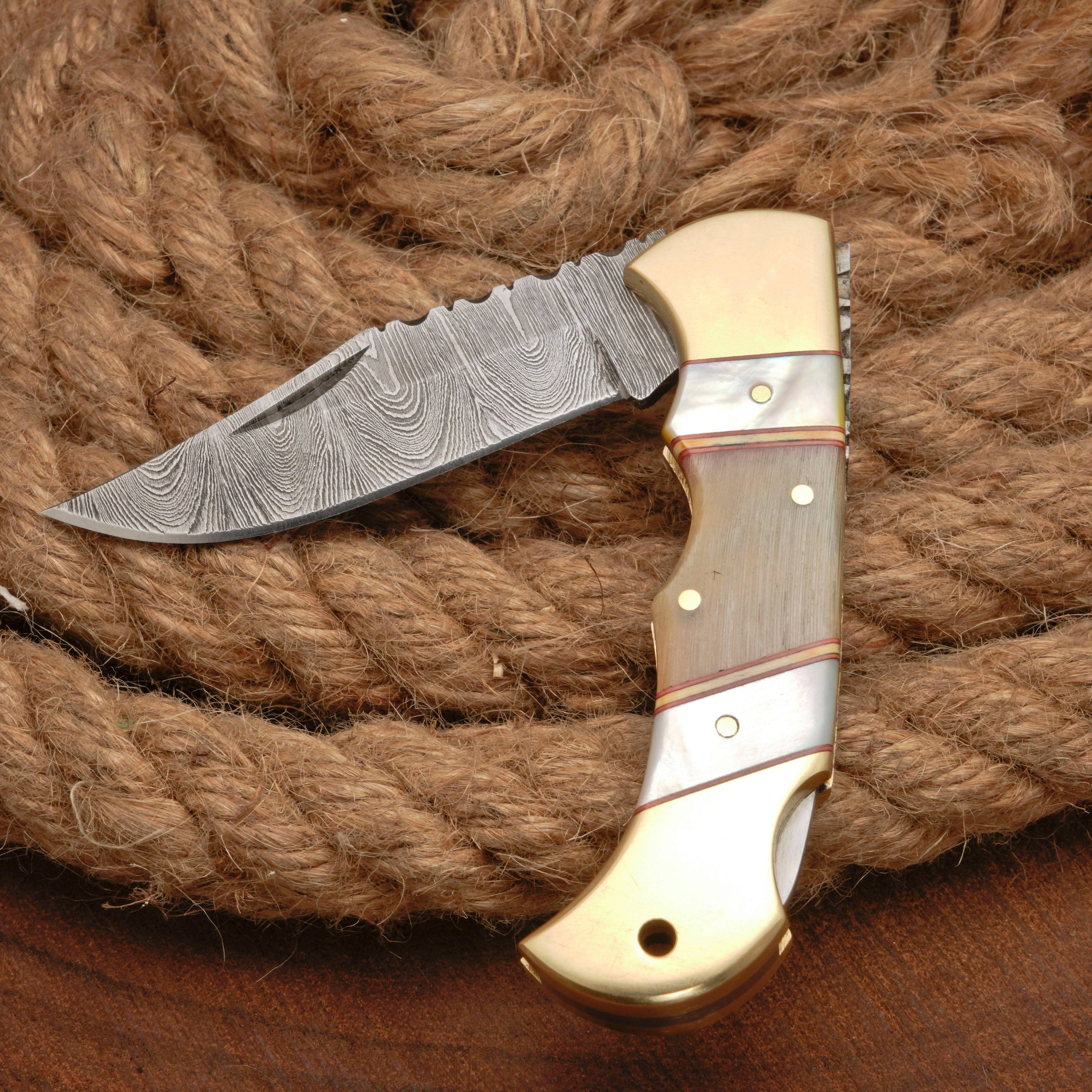 Handmade Damascus Steel Pocket Folding Knife With Real Pearl Ram Horn And Pocket Clip