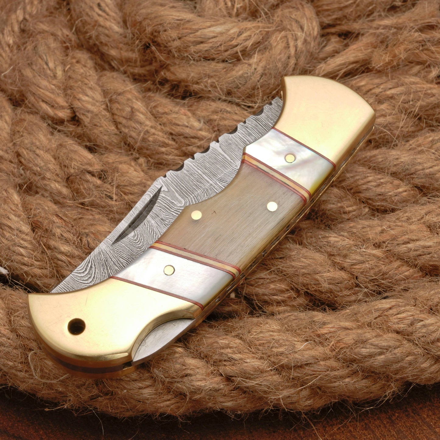 Handmade Damascus Steel Pocket Folding Knife With Real Pearl Ram Horn And Pocket Clip