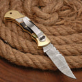Handmade Damascus Steel Pocket Folding Knife With Real Pearl Black Horn And Pocket Clip