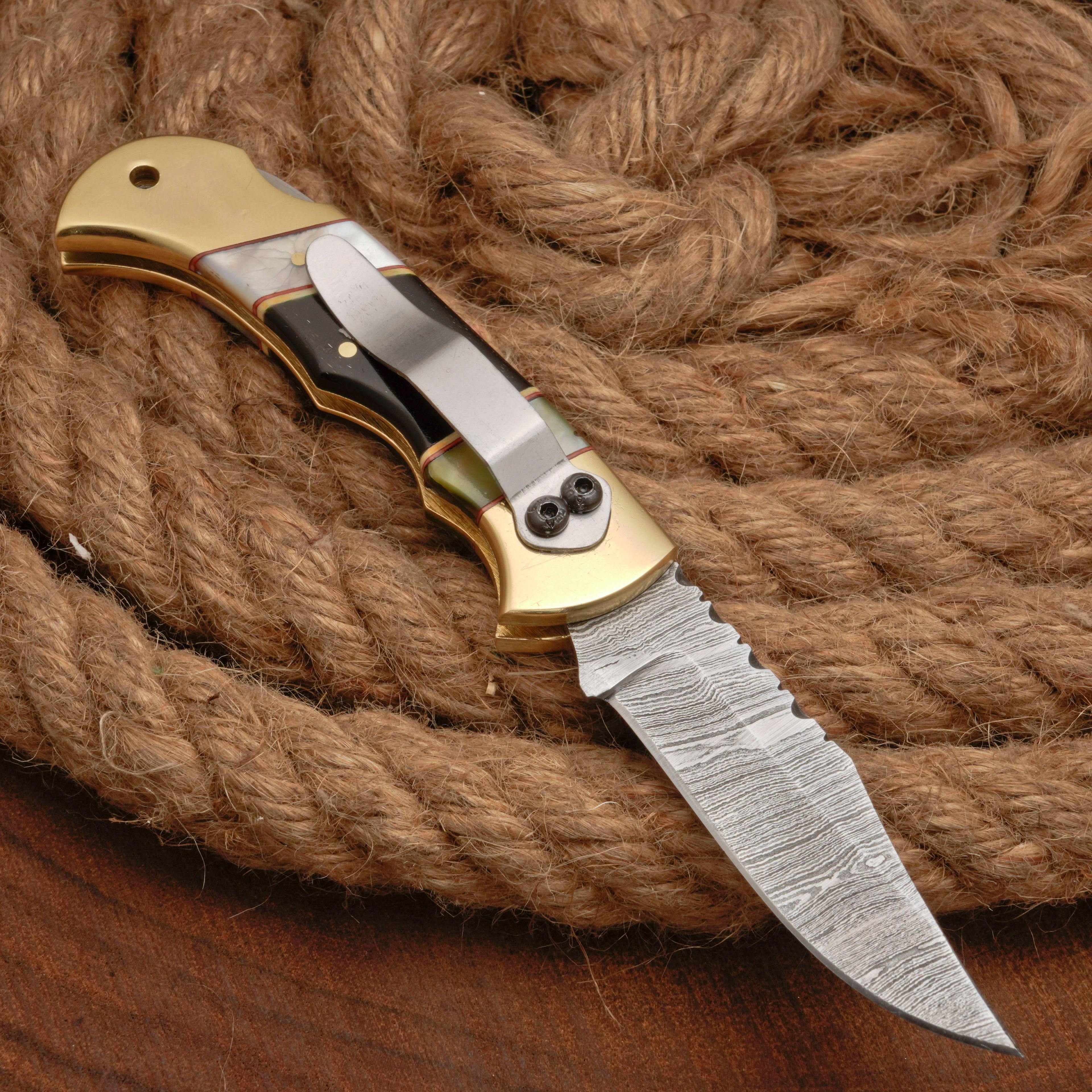 Handmade Damascus Steel Pocket Folding Knife With Real Pearl Black Horn And Pocket Clip