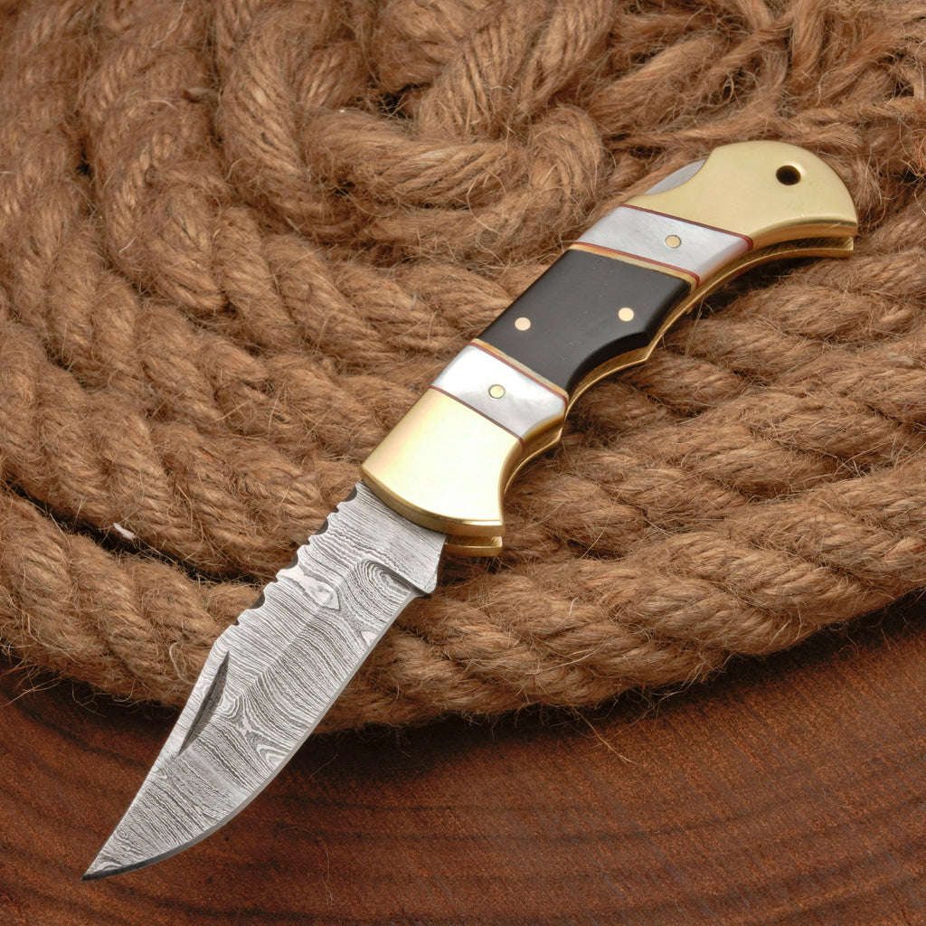 Handmade Damascus Steel Pocket Folding Knife With Real Pearl Black Horn And Pocket Clip