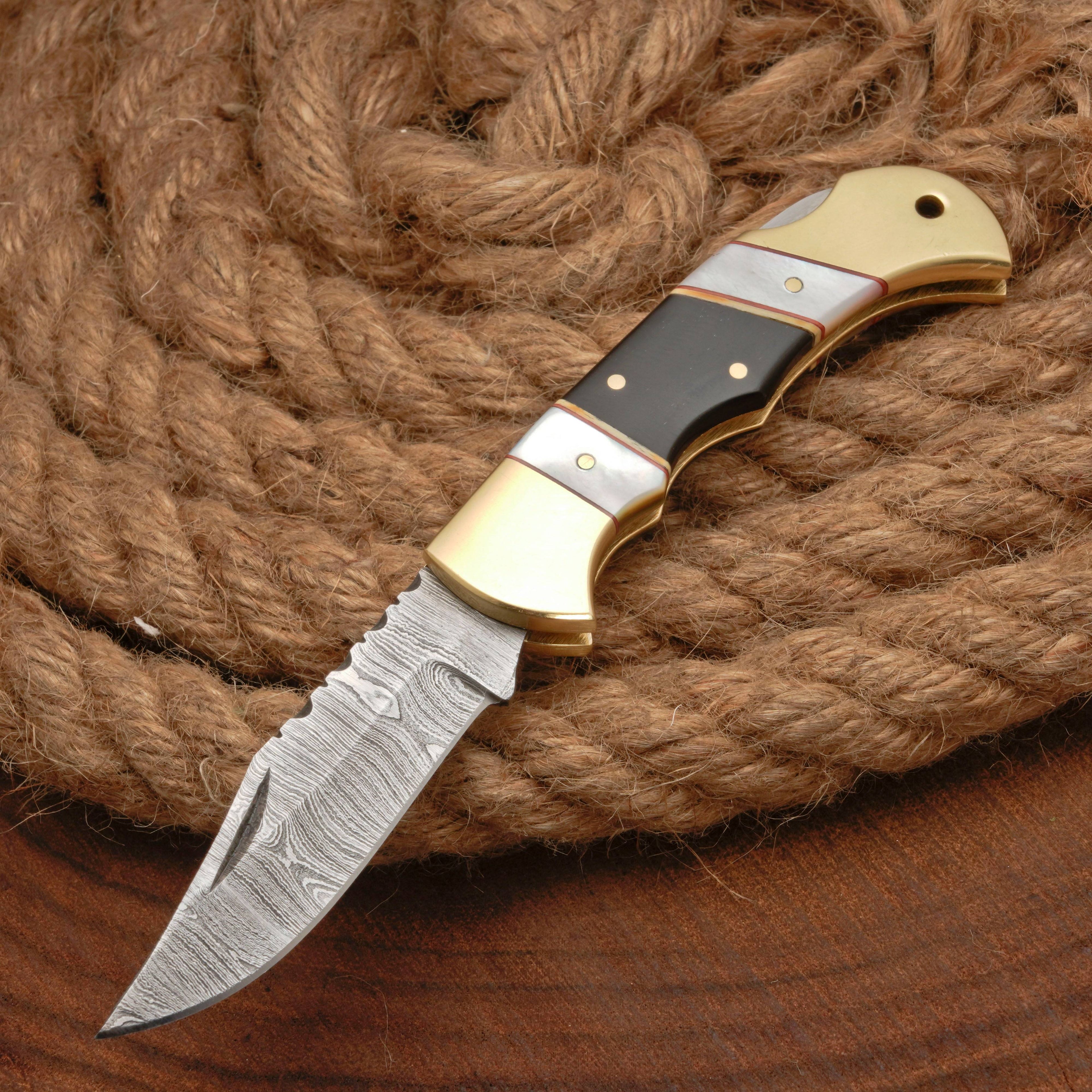 Handmade Damascus Steel Pocket Folding Knife With Real Pearl Black Horn And Pocket Clip