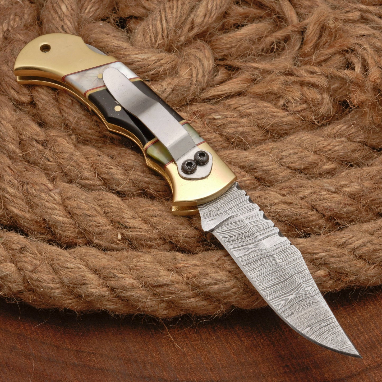 Handmade Damascus Steel Pocket Folding Knife With Real Pearl Black Horn And Pocket Clip