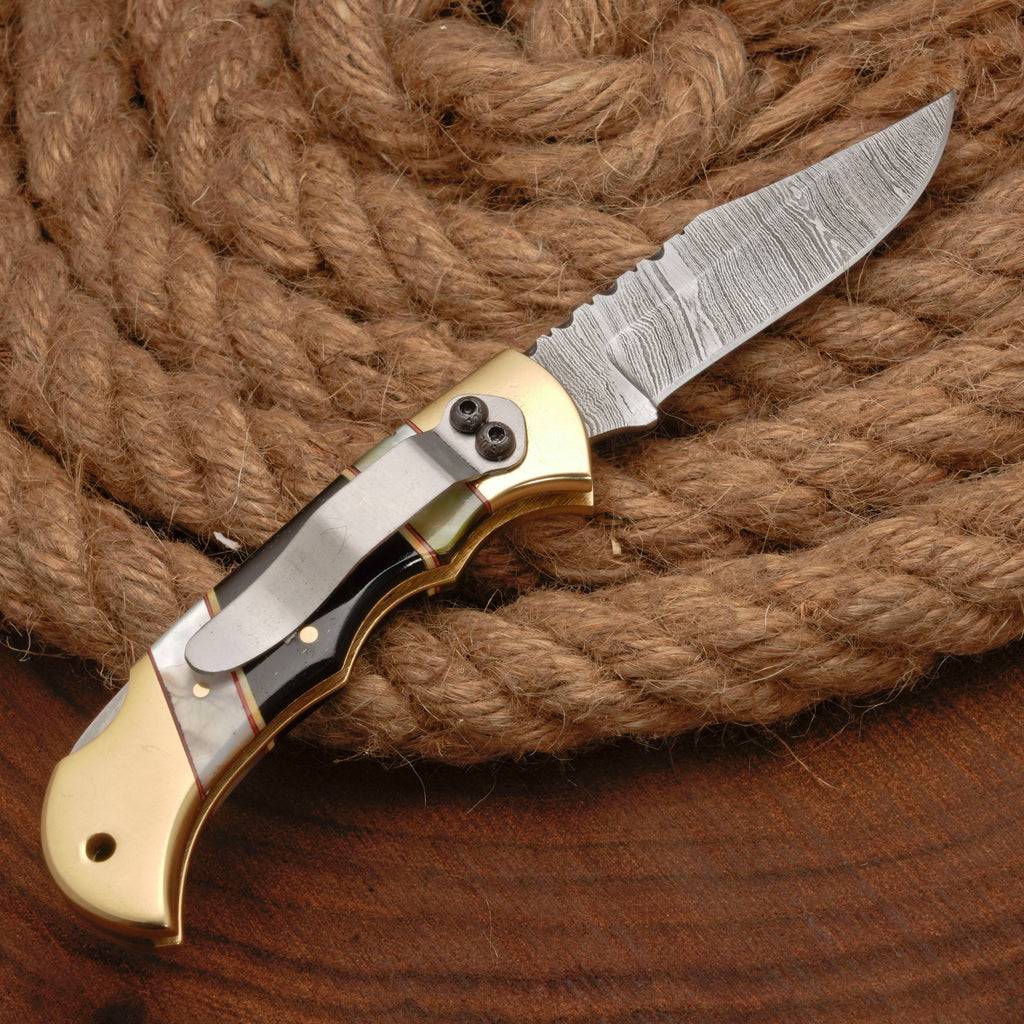 Handmade Damascus Steel Pocket Folding Knife With Real Pearl Black Horn And Pocket Clip