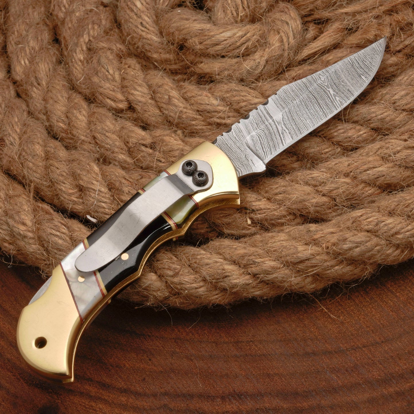 Handmade Damascus Steel Pocket Folding Knife With Real Pearl Black Horn And Pocket Clip