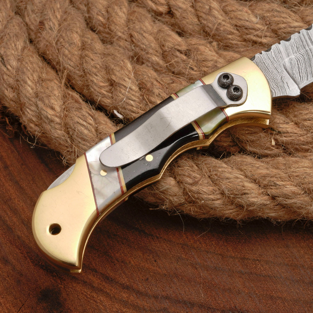 Handmade Damascus Steel Pocket Folding Knife With Real Pearl Black Horn And Pocket Clip