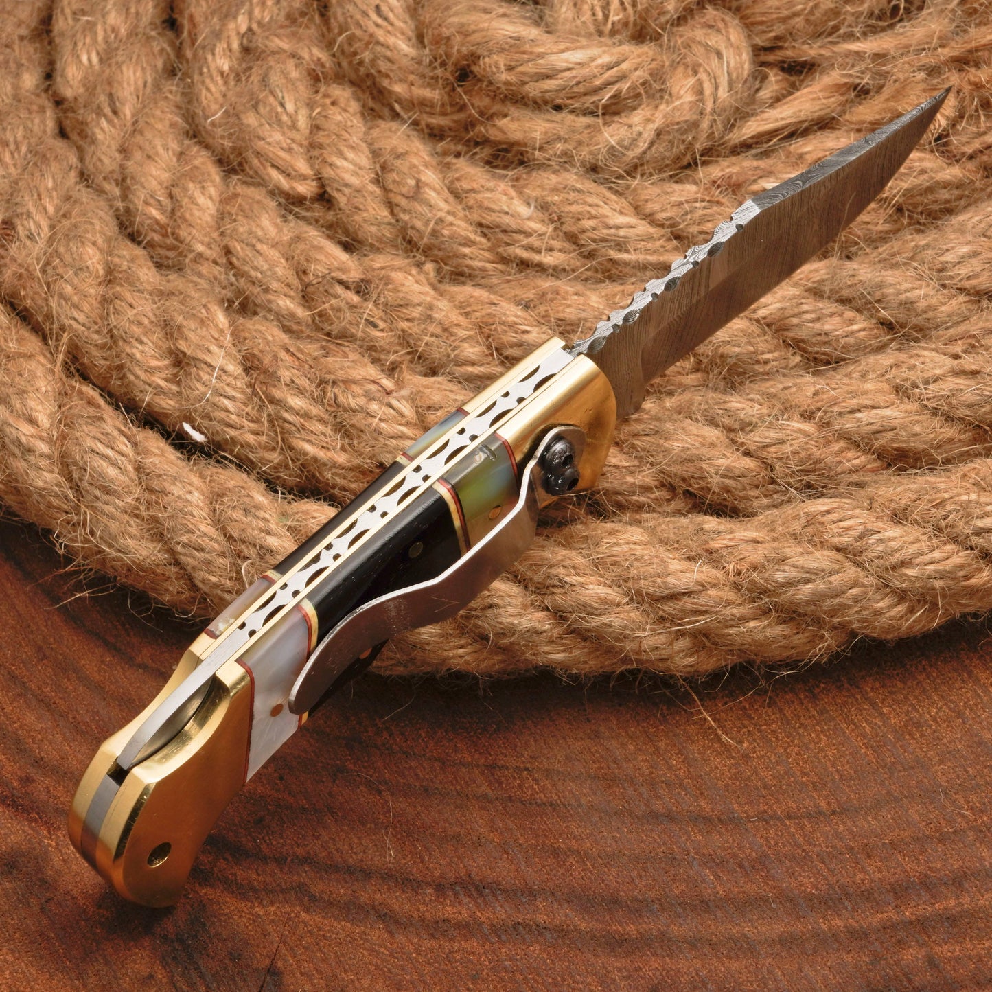 Handmade Damascus Steel Pocket Folding Knife With Real Pearl Black Horn And Pocket Clip