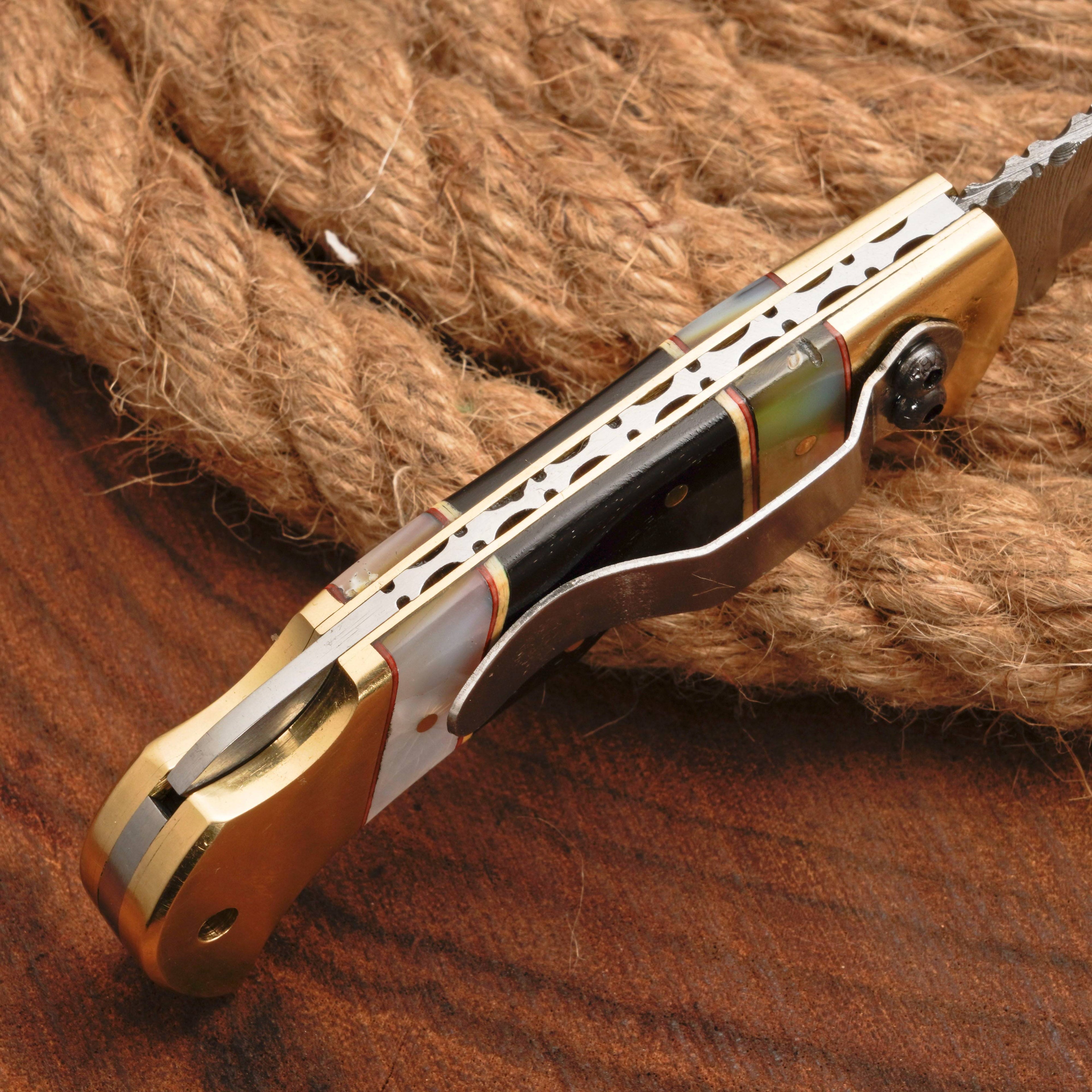 Handmade Damascus Steel Pocket Folding Knife With Real Pearl Black Horn And Pocket Clip