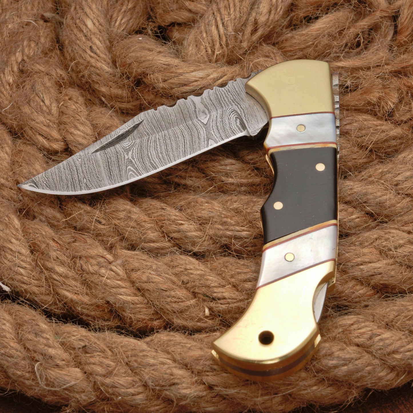 Handmade Damascus Steel Pocket Folding Knife With Real Pearl Black Horn And Pocket Clip