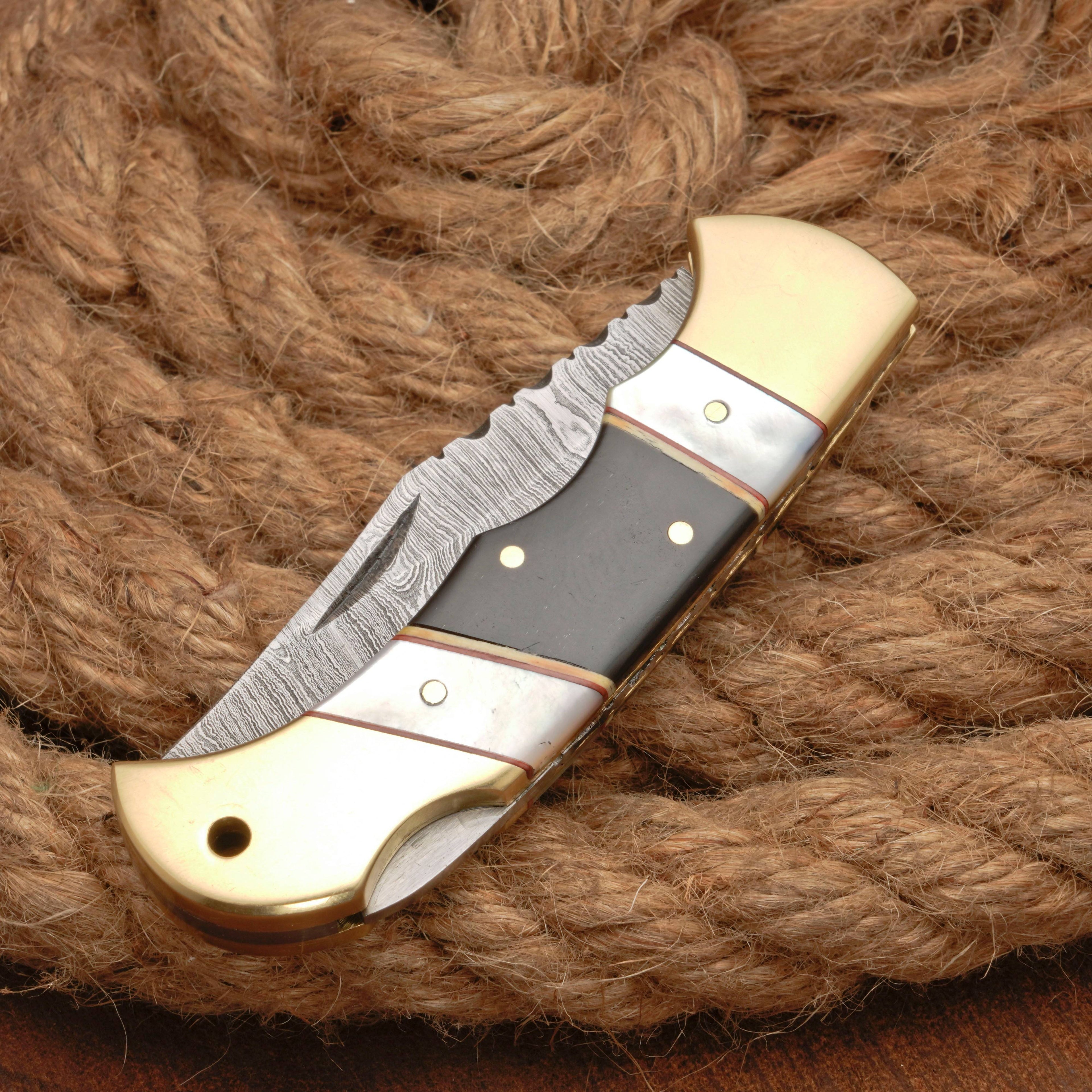 Handmade Damascus Steel Pocket Folding Knife With Real Pearl Black Horn And Pocket Clip