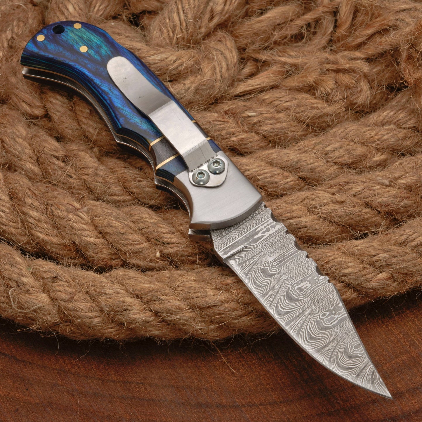 Handmade Damascus Steel Pocket Folding Knife With Pakkawood Handle And Pocket Clip