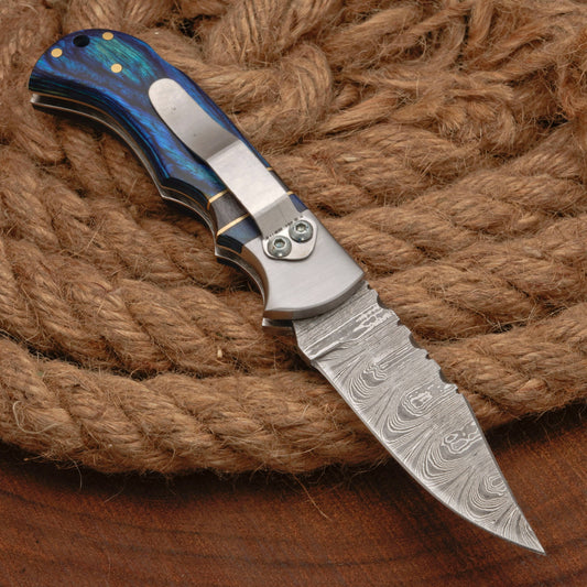 Handmade Damascus Steel Pocket Folding Knife With Pakkawood Handle And Pocket Clip
